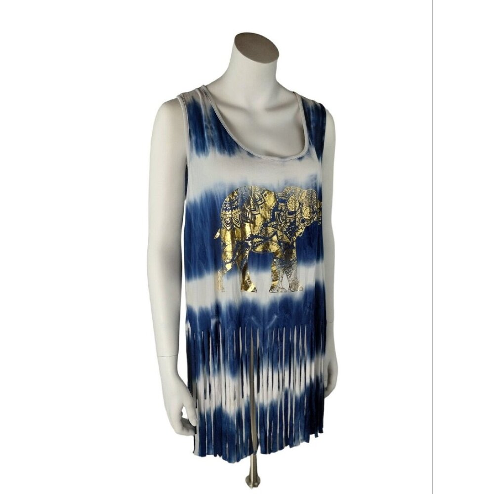 Gemstone Womens 1X Blue Gold Elephant Graphic Lightweight Fringe Tank Top New